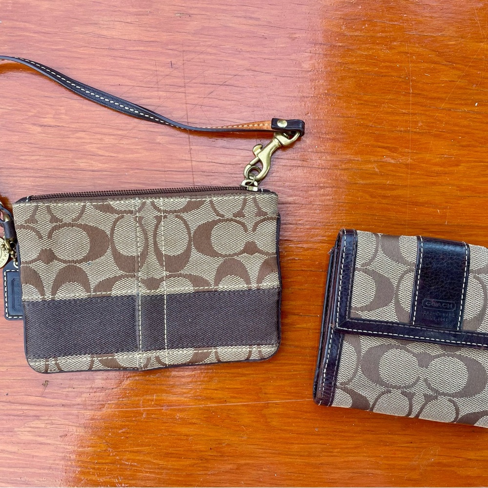 Coach Tan and Black Signature Wristlet and Wallet